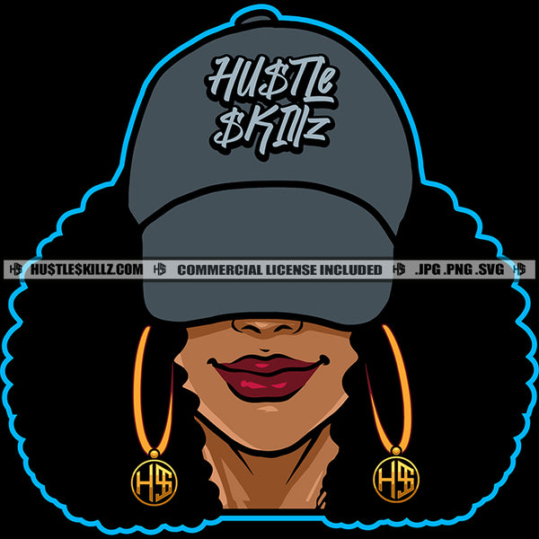 Black Girl Magic African American Lady Wearing Baseball Hat Cap Afro Puff Hairstyle Street Girl Hustler Earring Logo Hustle Skillz SVG PNG JPG Vector Cut Files Silhouette Cricut