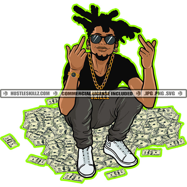 Young Gangster Man Sitting Money Dollars Chain Sunglasses Earing Graphic Beard Showing Middle Finger Grind Logo Hustle Skillz SVG PNG JPG Vector Cut Files Silhouette Cricut