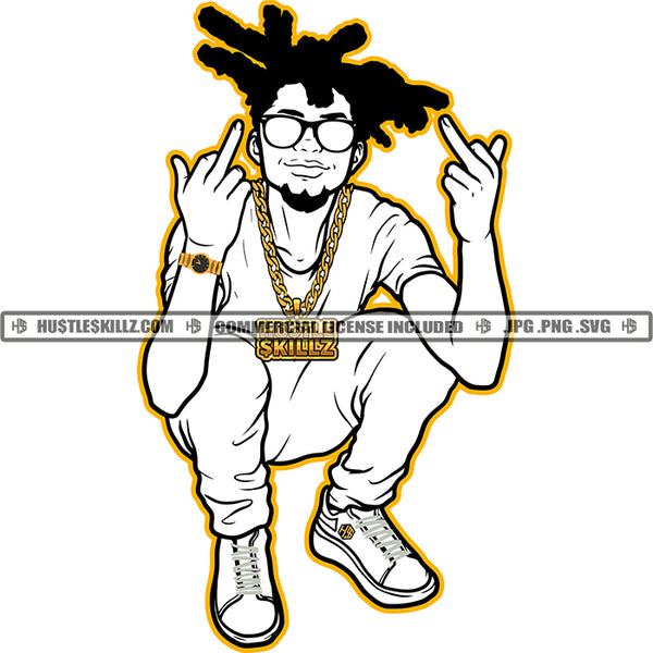 Black And White Design Gangster Man Locs Middle Finger Chain Sunglasses Earing Graphic Beard Grind Logo Hustle Skillz SVG PNG JPG Vector Cut Files Silhouette Cricut