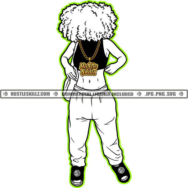 Melanin Popping Black Girl Magic Afro Woman Black And White Design Strong African Nubian Gold Chain Curvy Figure Logo Hustle Skillz SVG PNG JPG Vector Cut Files Silhouette Cricut