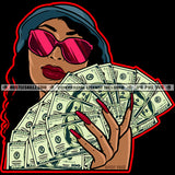 Melanin Woman Hat Long Nails Sunglass Fanning Cash Money Bills Dollars Gold Logo Hustle Skillz SVG PNG JPG Vector Cut Files Silhouette Cricut