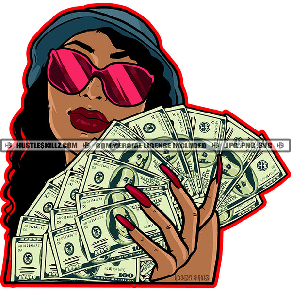 Melanin Woman Hat Long Nails Sunglass Fanning Cash Money Bills Dollars Gold Logo Hustle Skillz SVG PNG JPG Vector Cut Files Silhouette Cricut