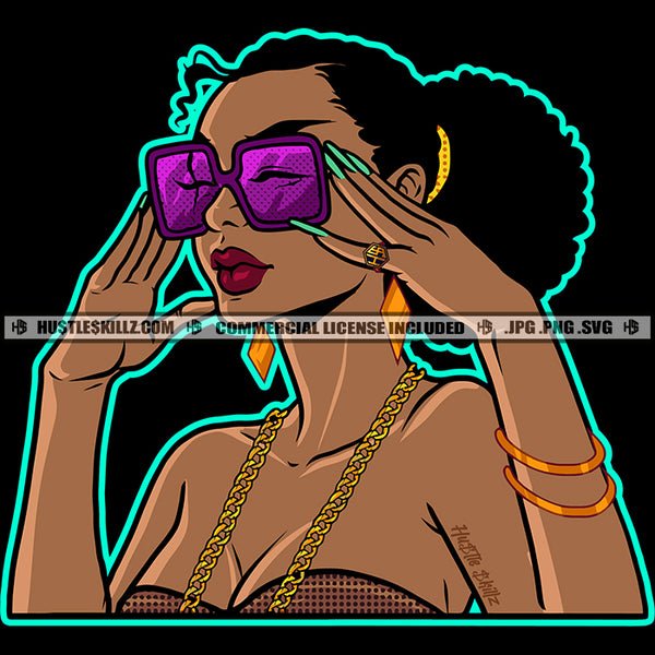 Melanin Woman Long Fingernails Sunglass Hand Bracelet Ring Gold Chain Afro Puff Hairstyle Graphic Logo Hustle Skillz SVG PNG JPG Vector Cut Files Silhouette Cricut