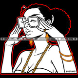 Nubian Woman Black And White Design Long Fingernails Sunglass Hand Bracelet Ring Gold Chain Afro Puff Hairstyle Graphic Logo Hustle Skillz SVG PNG JPG Vector Cut Files Silhouette Cricut