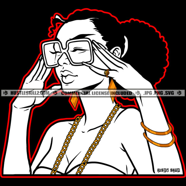 Nubian Woman Black And White Design Long Fingernails Sunglass Hand Bracelet Ring Gold Chain Afro Puff Hairstyle Graphic Logo Hustle Skillz SVG PNG JPG Vector Cut Files Silhouette Cricut