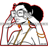 Nubian Woman Black And White Design Long Fingernails Sunglass Hand Bracelet Ring Gold Chain Afro Puff Hairstyle Graphic Logo Hustle Skillz SVG PNG JPG Vector Cut Files Silhouette Cricut