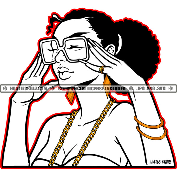 Nubian Woman Black And White Design Long Fingernails Sunglass Hand Bracelet Ring Gold Chain Afro Puff Hairstyle Graphic Logo Hustle Skillz SVG PNG JPG Vector Cut Files Silhouette Cricut