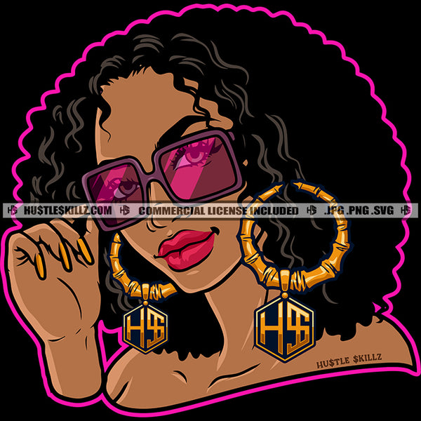 Nubian  Black Woman Boss Lady Wearing Glasses Afro Puff Hairstyle  Urban Street Girl Glamour Ebony Logo Hustle Skillz SVG PNG JPG Vector Cut Files Silhouette Cricut