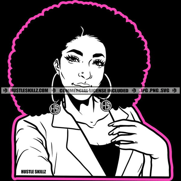 Beautiful Melanin Slim Woman Afro Puff Hairstyle Hustler Earring Logo Hustle Skillz SVG PNG JPG Vector Cut Files Silhouette Cricut