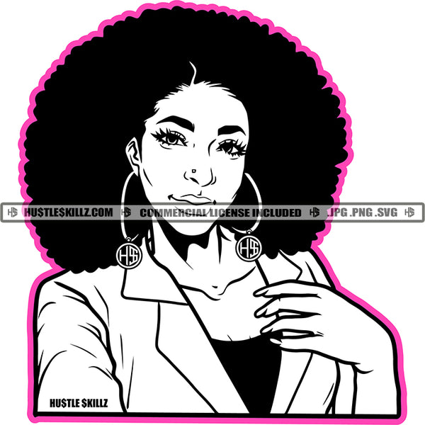 Beautiful Melanin Slim Woman Afro Puff Hairstyle Hustler Earring Logo Hustle Skillz SVG PNG JPG Vector Cut Files Silhouette Cricut