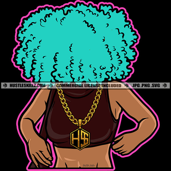 African Nubian Black Woman Green Afro Puff Hair Gold Chain Curvy Figure Logo Hustle Skillz SVG PNG JPG Vector Cut Files Silhouette Cricut