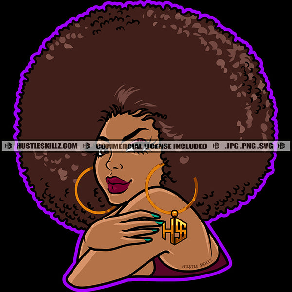 Afro Lady Black Beautiful Woman Round Earrings Afro Puff Hairstyle Melanin Popping Face Charming Logo Hustle Skillz SVG PNG JPG Vector Cut Files Silhouette Cricut