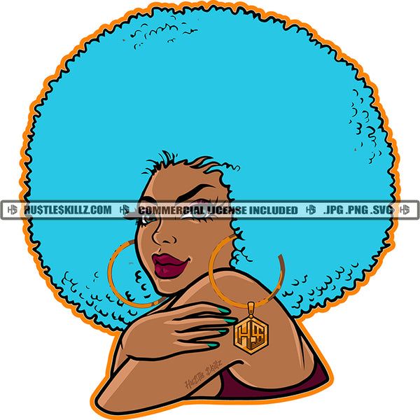 Melanin Woman Round Earrings Afro Puff Blue Hairstyle Popping Face Charming Logo Hustle Skillz SVG PNG JPG Vector Cut Files Silhouette Cricut