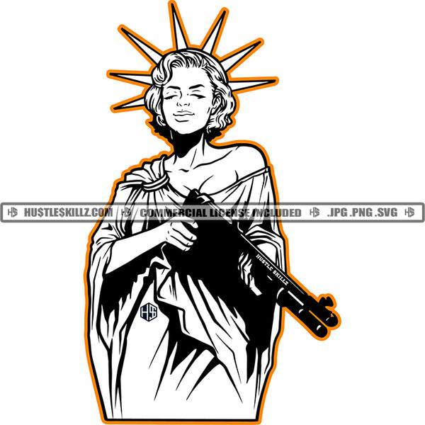 Melanin Woman Black And White Design Liberty Statue Power Holding Gun Hustle Earing Logo Hustle Skillz SVG PNG JPG Vector Cut Files Silhouette Cricut