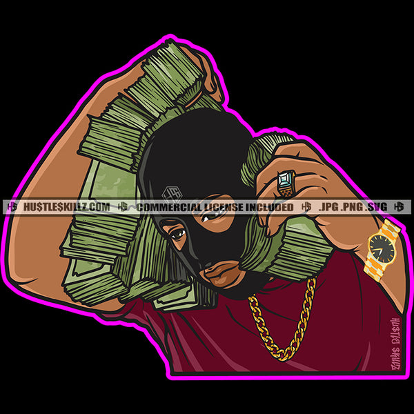 Hustle Gangster Man Ski Mask Money Stacks Gold Watch Chain Ring Grind Hustler Logo Hustle Skillz SVG PNG JPG Vector Cut Files Silhouette Cricut