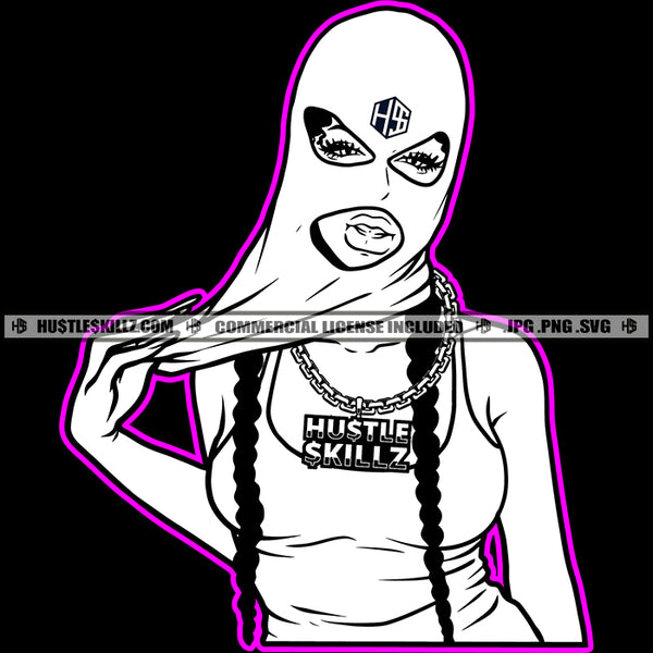 Woman Black And White Design Fit Sexy Figure Holding Ski Face Mask Gangster Dope Street Girl Hustler Chain Logo Hustle Skillz SVG PNG JPG Vector Cut Files Silhouette Cricut