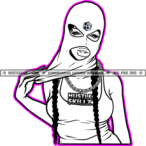 Woman Black And White Design Fit Sexy Figure Holding Ski Face Mask Gangster Dope Street Girl Hustler Chain Logo Hustle Skillz SVG PNG JPG Vector Cut Files Silhouette Cricut