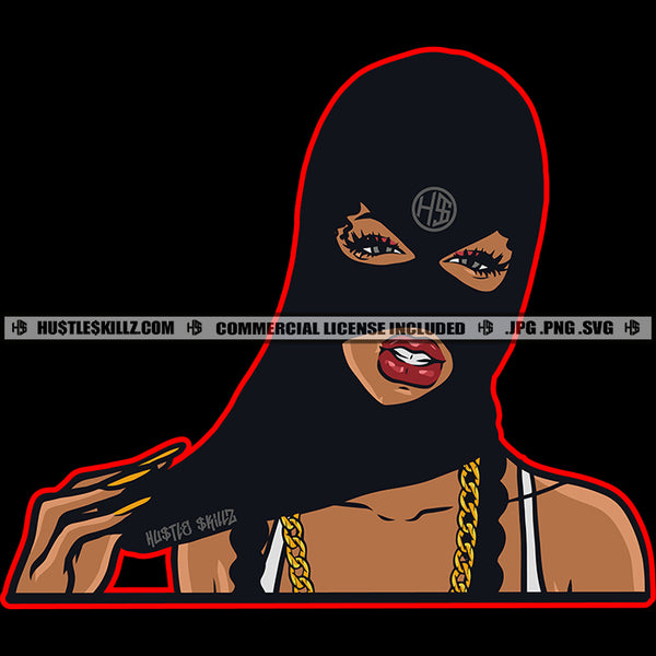 Nubian Black Woman Ski Face Mask Gangster Dope Street Girl Hustler Gold Chain Logo Hustle Skillz SVG PNG JPG Vector Cut Files Silhouette Cricut