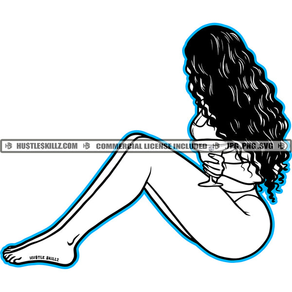 Nubian Woman Black And White Design Fit Sexy Figure Long Wave Hairstyle Matching Outfit Drinking Wine Grind Hustler Logo Hustle Skillz SVG PNG JPG Vector Cut Files Silhouette Cricut