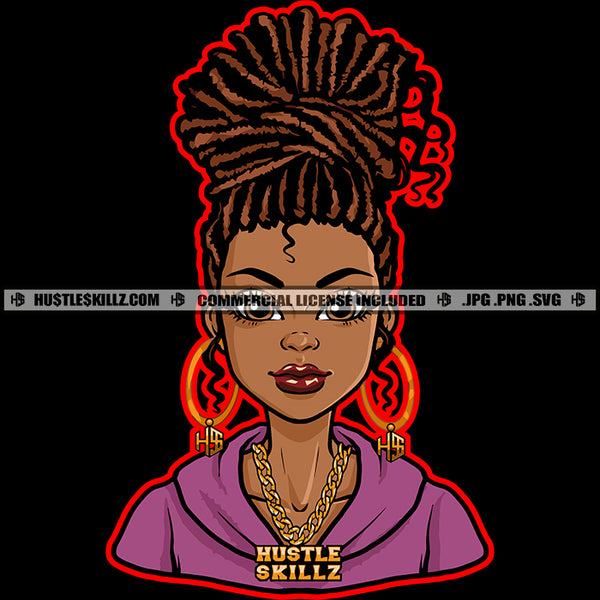 African American Woman Dreadlocks Hairstyle Round Earrings Classy Lady Gold Chain Logo Hustle Skillz SVG PNG JPG Vector Cut Files Silhouette Cricut