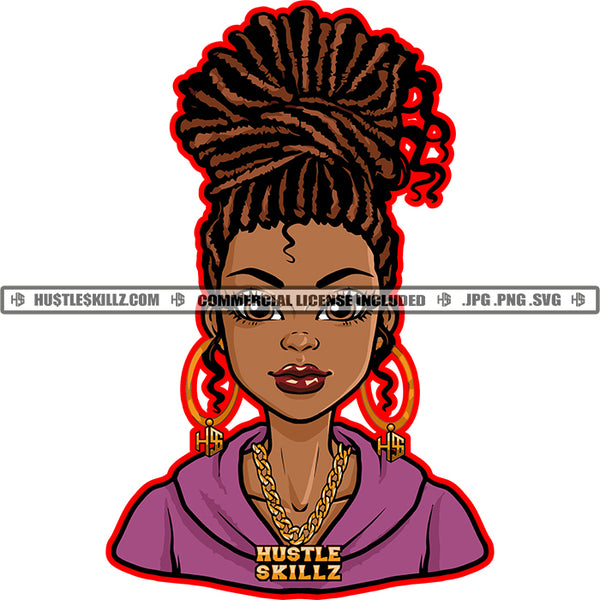 African American Woman Dreadlocks Hairstyle Round Earrings Classy Lady Gold Chain Logo Hustle Skillz SVG PNG JPG Vector Cut Files Silhouette Cricut