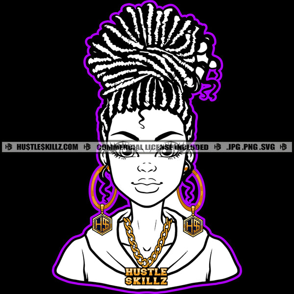 Melanin Woman Black And White Design Dreadlocks Hairstyle Round Earrings Classy Lady Gold Chain Logo Hustle Skillz SVG PNG JPG Vector Cut Files Silhouette Cricut