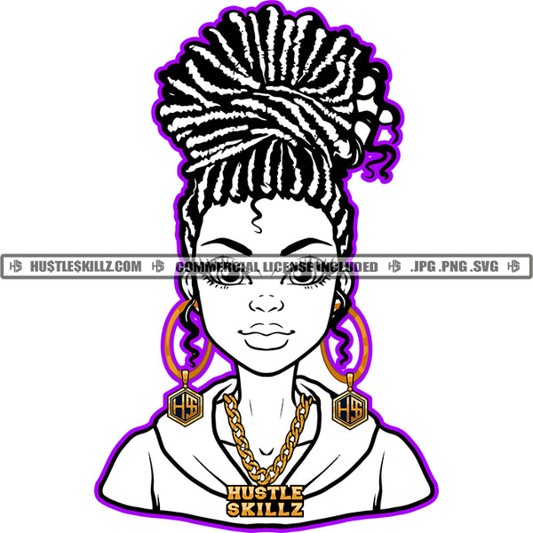 Melanin Woman Black And White Design Dreadlocks Hairstyle Round Earrings Classy Lady Gold Chain Logo Hustle Skillz SVG PNG JPG Vector Cut Files Silhouette Cricut