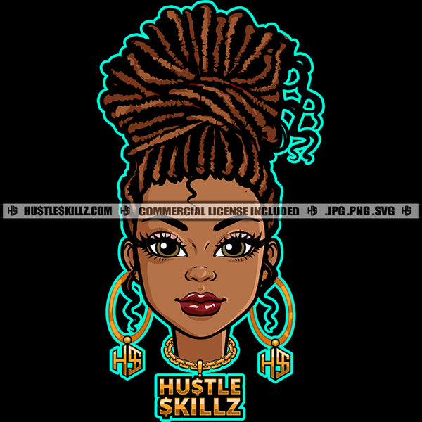 African American Lady Melanin Woman Dreadlocks Hairstyle Round Earrings Gold Chain Logo Hustle Skillz SVG PNG JPG Vector Cut Files Silhouette Cricut