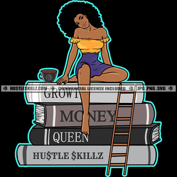 Boss Successful Woman Afro Puff Hairstyle Books Achievement's Tea Cup Logo Hustle Skillz SVG PNG JPG Vector Cut Files Silhouette Cricut