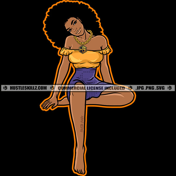 African American Lady Melanin Woman Curvy And Sexy Afro Puff Hairstyle Gold Chain Matching Outfit Logo Hustle Skillz SVG PNG JPG Vector Cut Files Silhouette Cricut