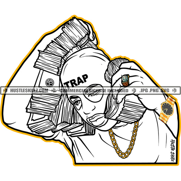 Black And White Design Hustle Trap Gangster Man Ski Mask Money Stacks Gold Watch Chain Ring Grind Hustler Logo Hustle Skillz SVG PNG JPG Vector Cut Files Silhouette Cricut