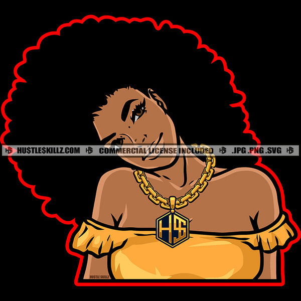 Nubian Black Girl Magic Woman Afro Puff Hairstyle Gold Chain Logo Hustle Skillz SVG PNG JPG Vector Cut Files Silhouette Cricut