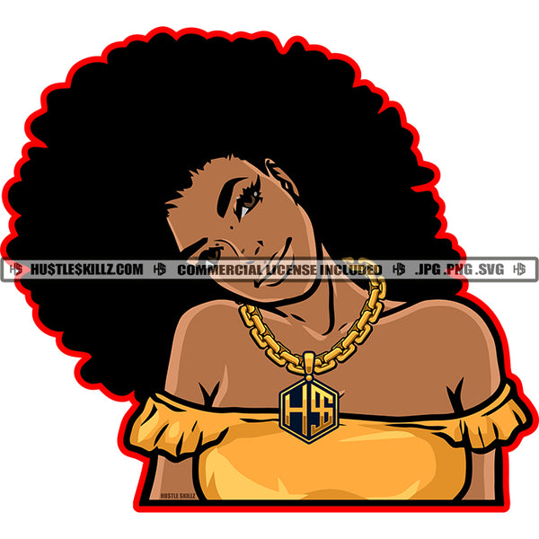 Nubian Black Girl Magic Woman Afro Puff Hairstyle Gold Chain Logo Hustle Skillz SVG PNG JPG Vector Cut Files Silhouette Cricut