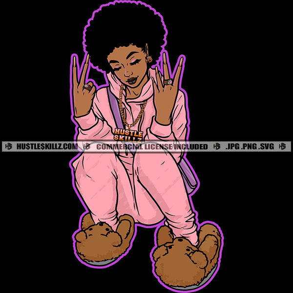 Melanin Woman Afro Puff Hairstyle Hoody Showing Finger Ring Gold Chain Hustler Earring Teddy Logo Hustle Skillz SVG PNG JPG Vector Cut Files Silhouette Cricut