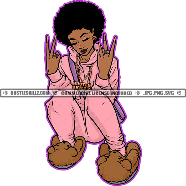 Melanin Woman Afro Puff Hairstyle Hoody Showing Finger Ring Gold Chain Hustler Earring Teddy Logo Hustle Skillz SVG PNG JPG Vector Cut Files Silhouette Cricut