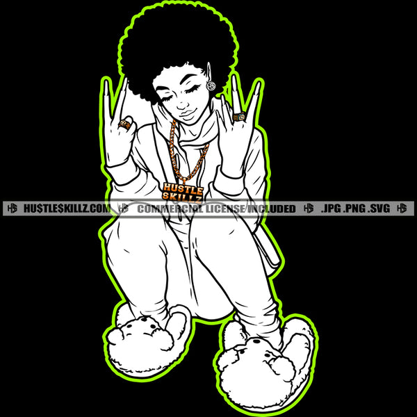 Nubian Woman Black And White Design Afro Puff Hairstyle Hoody Showing Finger Ring Gold Chain Hustler Earring Teddy Logo Hustle Skillz SVG PNG JPG Vector Cut Files Silhouette Cricut