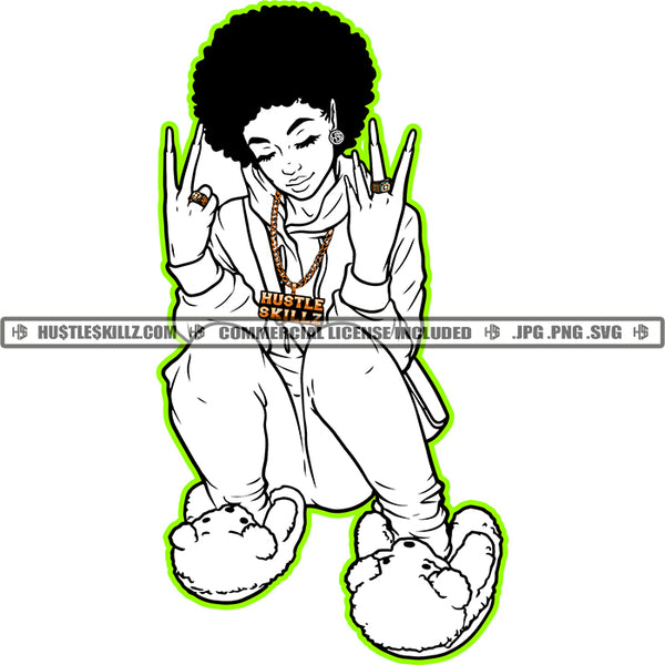 Nubian Woman Black And White Design Afro Puff Hairstyle Hoody Showing Finger Ring Gold Chain Hustler Earring Teddy Logo Hustle Skillz SVG PNG JPG Vector Cut Files Silhouette Cricut