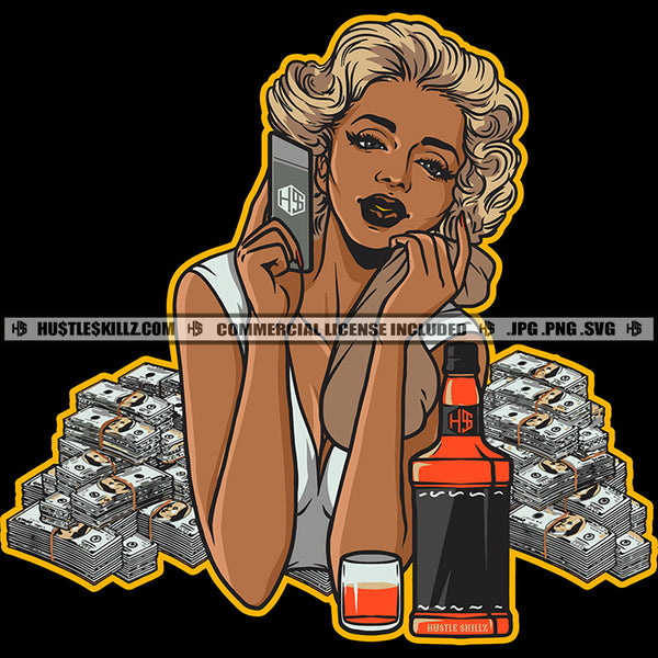 Melanin Woman Money Success Dollar Bill Hustler Rich Design Element Wine Bottle Glass Phone Black Girl Logo Hustle Skillz SVG PNG JPG Vector Cut Files Silhouette Cricut