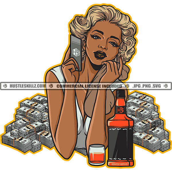 Melanin Woman Money Success Dollar Bill Hustler Rich Design Element Wine Bottle Glass Phone Black Girl Logo Hustle Skillz SVG PNG JPG Vector Cut Files Silhouette Cricut