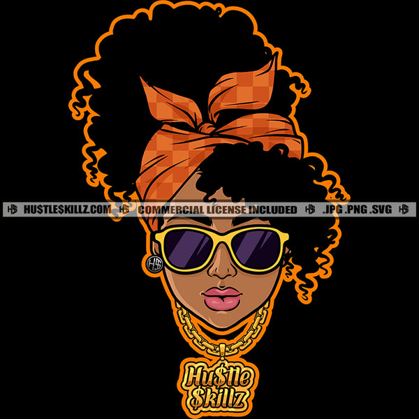 Gangster Woman Afro Puff Hairstyle Band Gold Chain Sunglass Earring Hustler Grind Logo Hustle Skillz SVG PNG JPG Vector Cut Files Silhouette Cricut