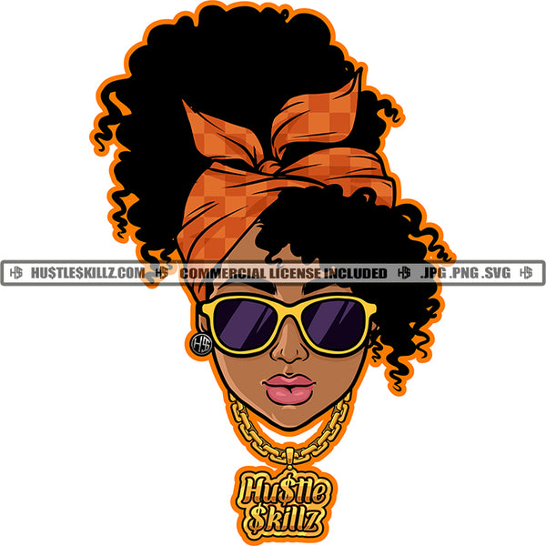 Gangster Woman Afro Puff Hairstyle Band Gold Chain Sunglass Earring Hustler Grind Logo Hustle Skillz SVG PNG JPG Vector Cut Files Silhouette Cricut