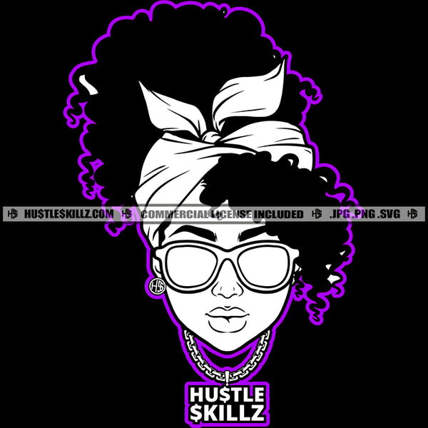 Woman Black And White Design Afro Puff Hairstyle Band Chain Sunglass Earring Hustler Grind Logo Hustle Skillz SVG PNG JPG Vector Cut Files Silhouette Cricut