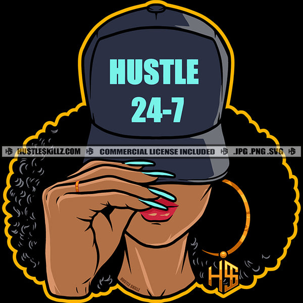 Hustle 24 7 Melanin Woman Afro Puff Hairstyle Baseball Cap Hat Ring Earring Hustler Grind Logo Hustle Skillz SVG PNG JPG Vector Cut Files Silhouette Cricut