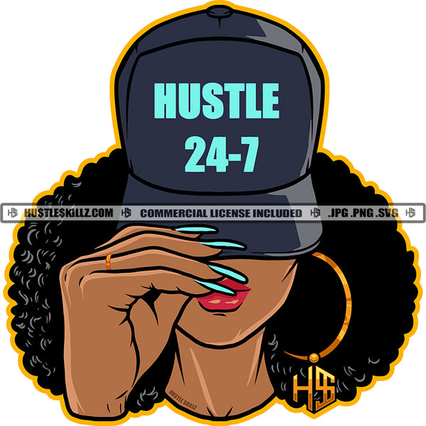 Hustle 24 7 Melanin Woman Afro Puff Hairstyle Baseball Cap Hat Ring Earring Hustler Grind Logo Hustle Skillz SVG PNG JPG Vector Cut Files Silhouette Cricut