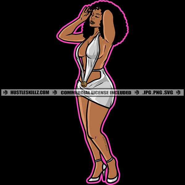 Melanin Woman Afro Puff Hairstyle Matching Outfit Fit Figure Curvy And Sexy Logo Hustle Skillz SVG PNG JPG Vector Cut Files Silhouette Cricut