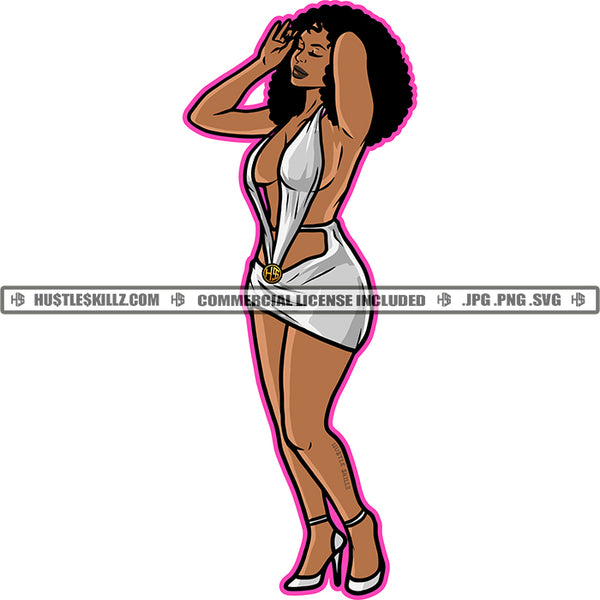 Melanin Woman Afro Puff Hairstyle Matching Outfit Fit Figure Curvy And Sexy Logo Hustle Skillz SVG PNG JPG Vector Cut Files Silhouette Cricut