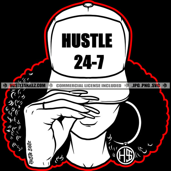 Nubian Woman Hustle 24 7 Black And White Design Afro Puff Hairstyle Baseball Cap Hat Ring Earring Hustler Grind Logo Hustle Skillz SVG PNG JPG Vector Cut Files Silhouette Cricut