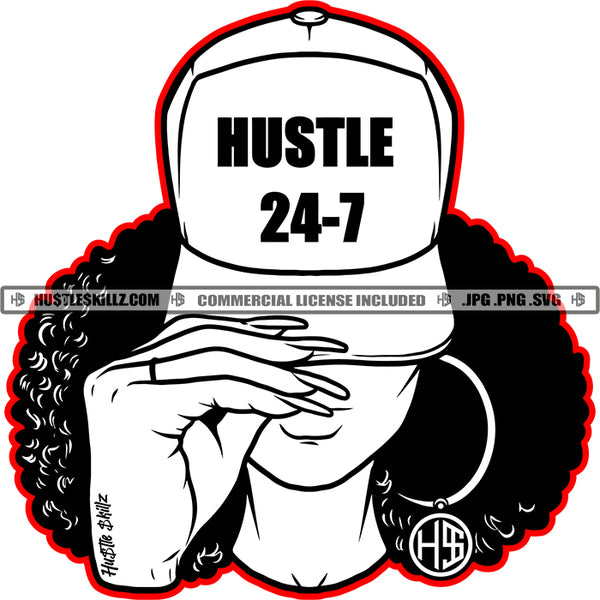 Nubian Woman Hustle 24 7 Black And White Design Afro Puff Hairstyle Baseball Cap Hat Ring Earring Hustler Grind Logo Hustle Skillz SVG PNG JPG Vector Cut Files Silhouette Cricut