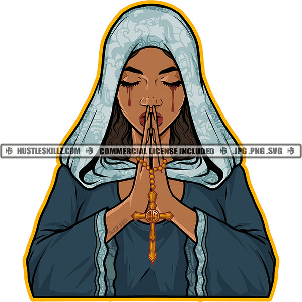 Woman Bleeding Tears Blood Hands Praying Pray Faith Fingernails Hope God Catholic Logo Hustle Skillz SVG PNG JPG Vector Cut Files Silhouette Cricut