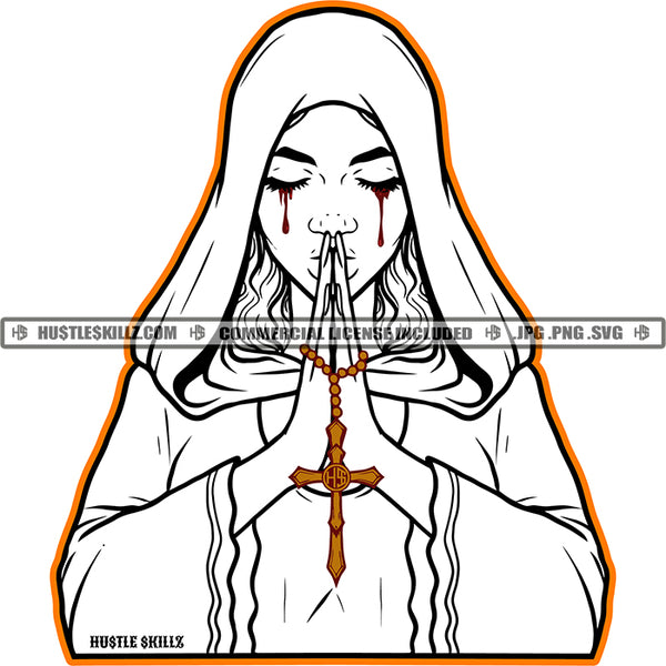 Melanin Woman Bleeding Tears Blood Black And White Design Hands Praying Pray Faith Hope God Catholic Logo Hustle Skillz SVG PNG JPG Vector Cut Files Silhouette Cricut